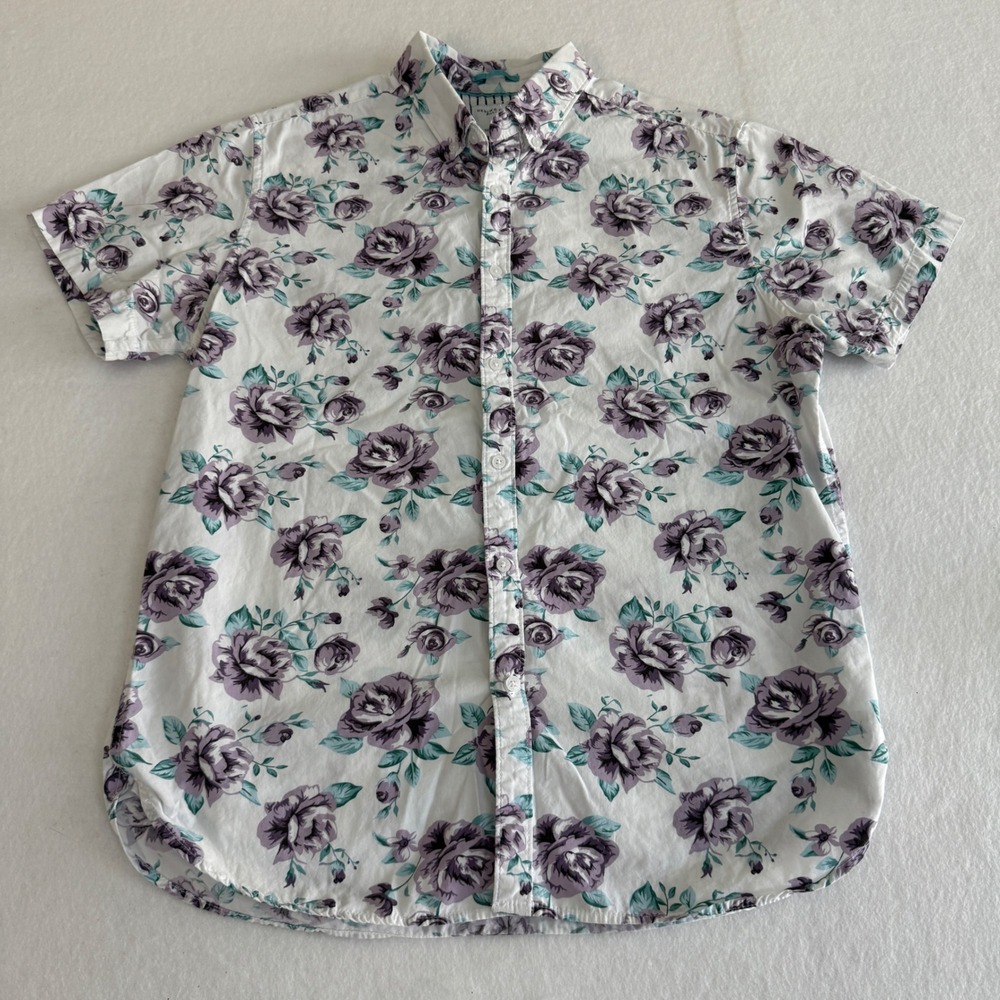 Denim & Flower Floral Button Down Shirt‎ Mens Medium White Purple Rose